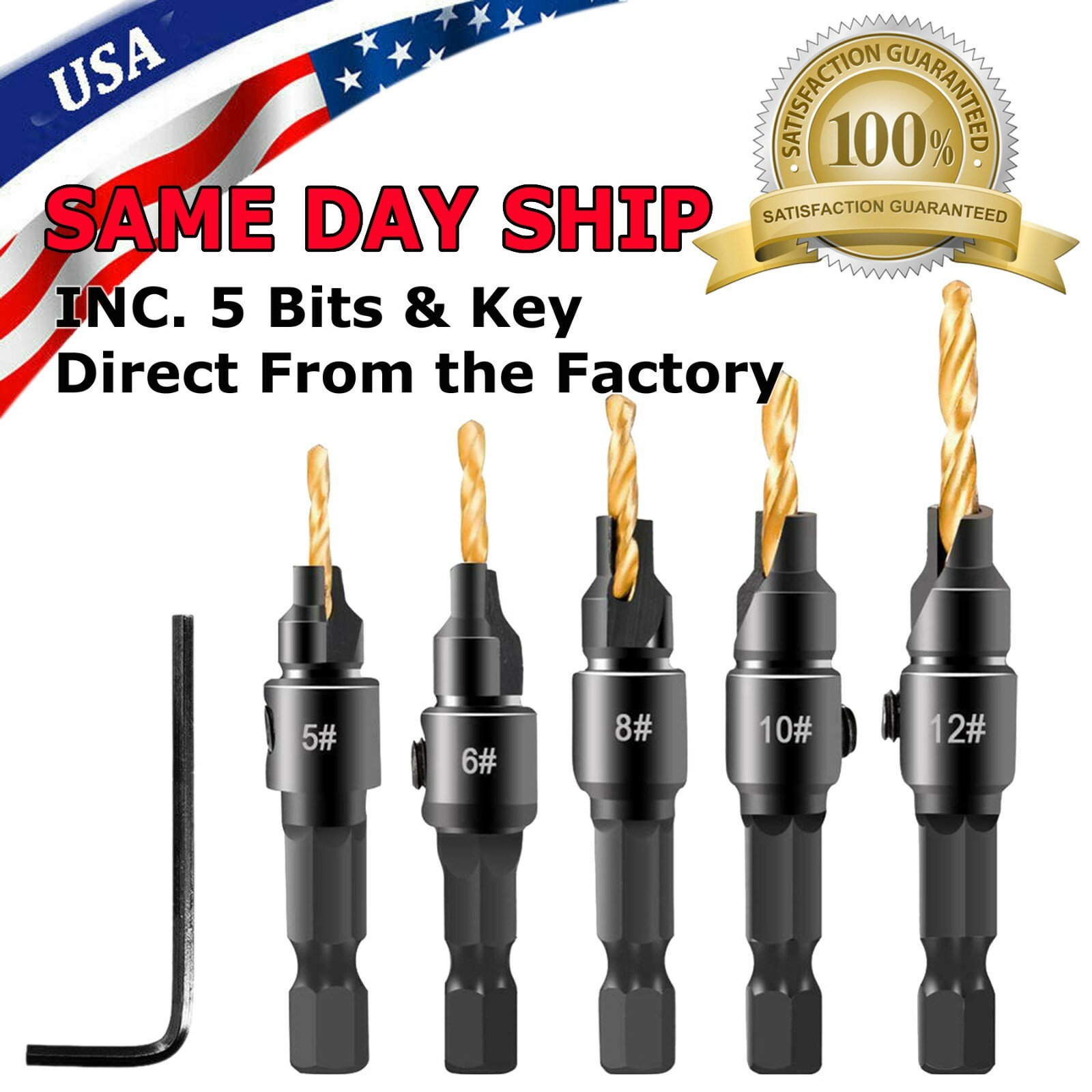 5Pcs Countersink Drill Bit Set 1/4'' Hex Shank HSS Woodworking Pilot Screw Holes