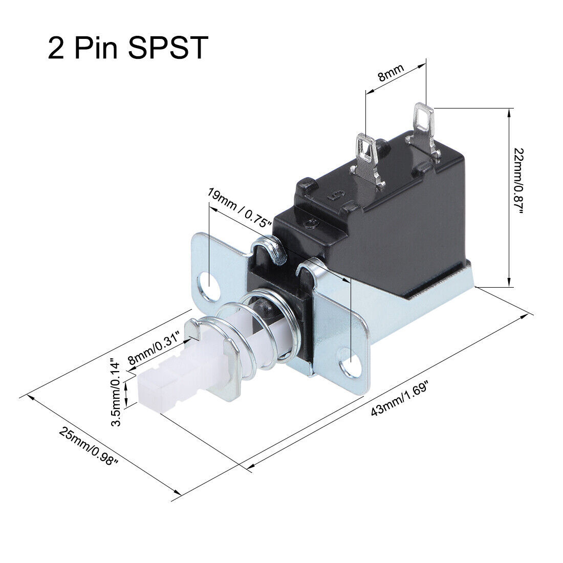 Push Button Switch 5A 250V SPST 2 Pin 1 Position Self-Locking White 5pcs