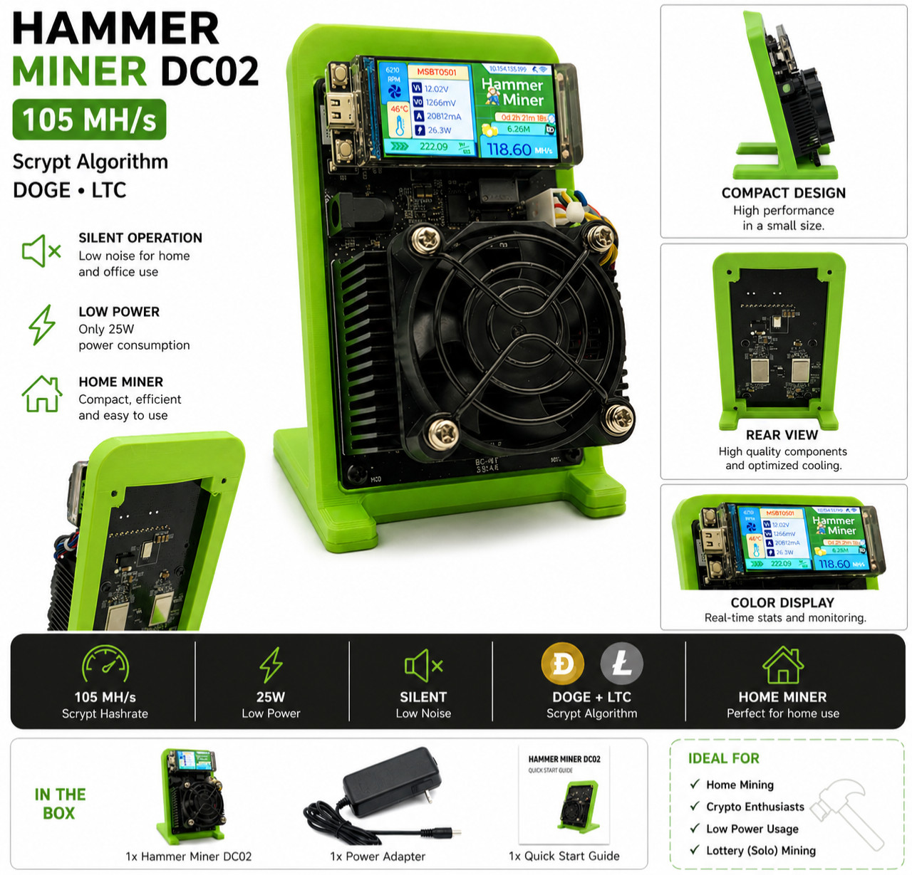 Hammer Miner DC02 105MH Scrypt Dogecoin Litecoin Silent Home Crypto