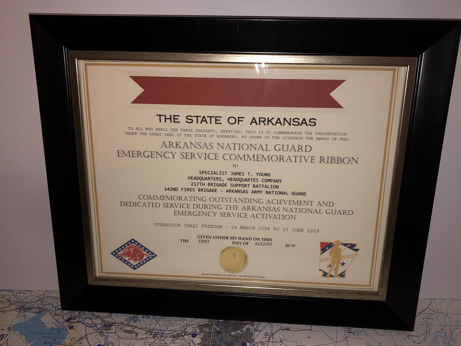 ARKANSAS - NATIONAL GUARD / EMERGENCY SERVICE COMMEMORATIVE RIBBON CERTIFICATE