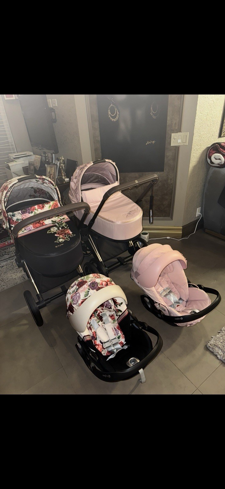 cybex Carriage Stroller Pink Black Floral Single Folding Adjustable Back Rest