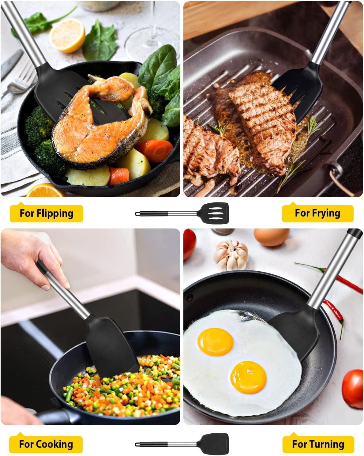 Pack of 2 Silicone Solid Turner, Non Stick Slotted Kitchen Spatulas, High Heat