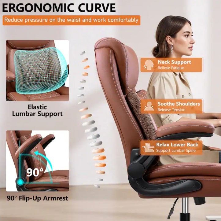 KERDOM - ERGONOMIC PU LEATHER OFFICE CHAIR - BROWN