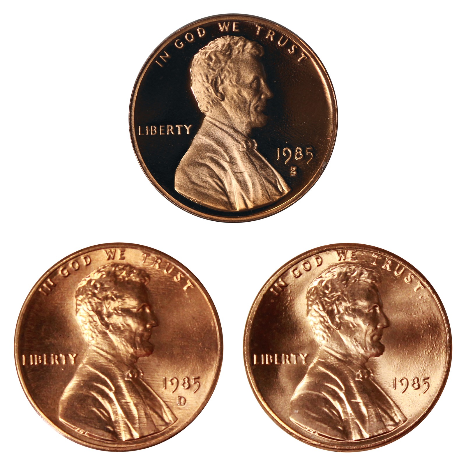 1985 P D S Lincoln Memorial Cent 1c Year set Proof & BU US 3 Coin lot