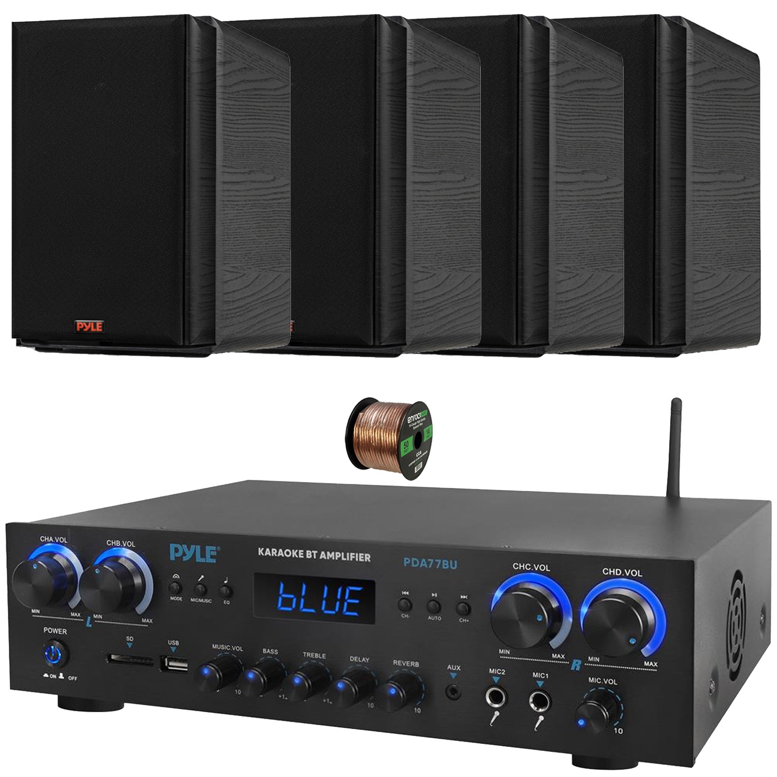 Pyle PDA77BU Bluetooth Stereo Receiver, 4x 6.5” 2-Way HiFi Black Speakers, Wire
