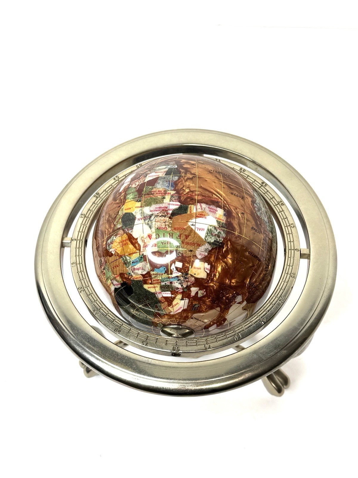 Vtg Kalifano Rotating Copper Amber Opalite Gemstone Globe Silver Stand