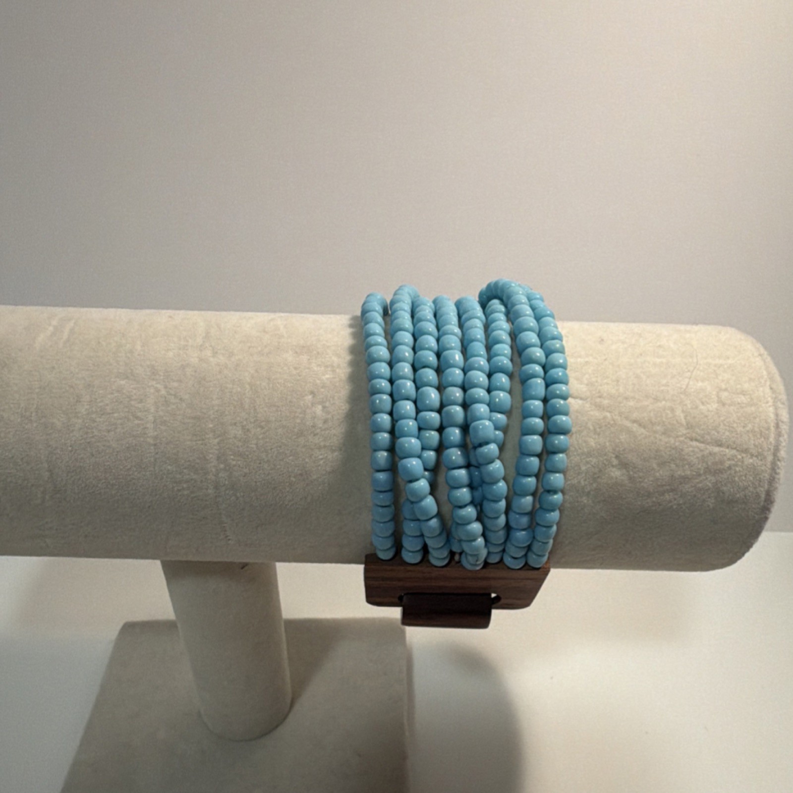Multi-Strand Blue Beaded Bracelet Wood Glass Hook Adjustable Bohemian Unisex