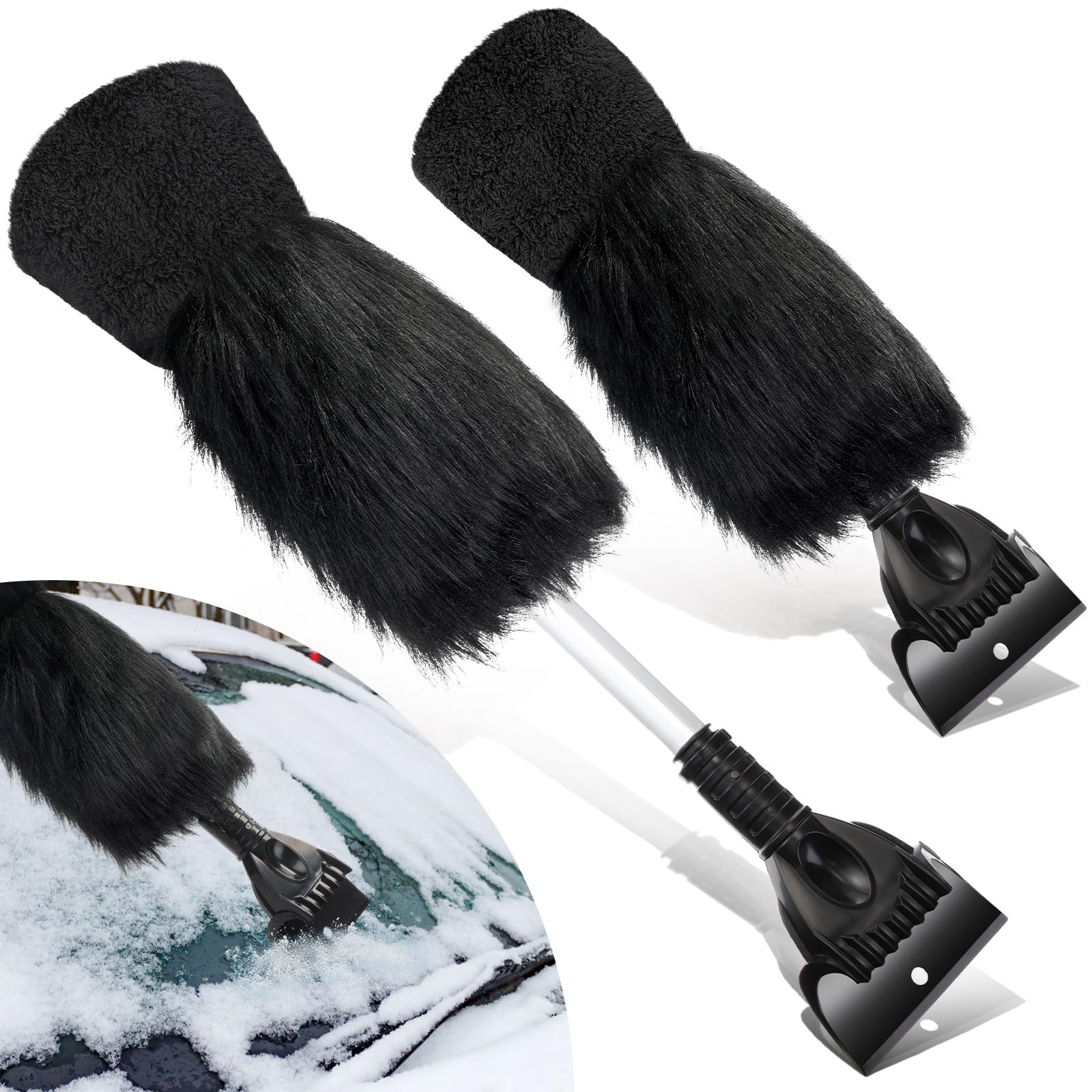 Geyoga 2 Pcs Ice Scraper Retractable with Glove Set Faux Fur Car Black