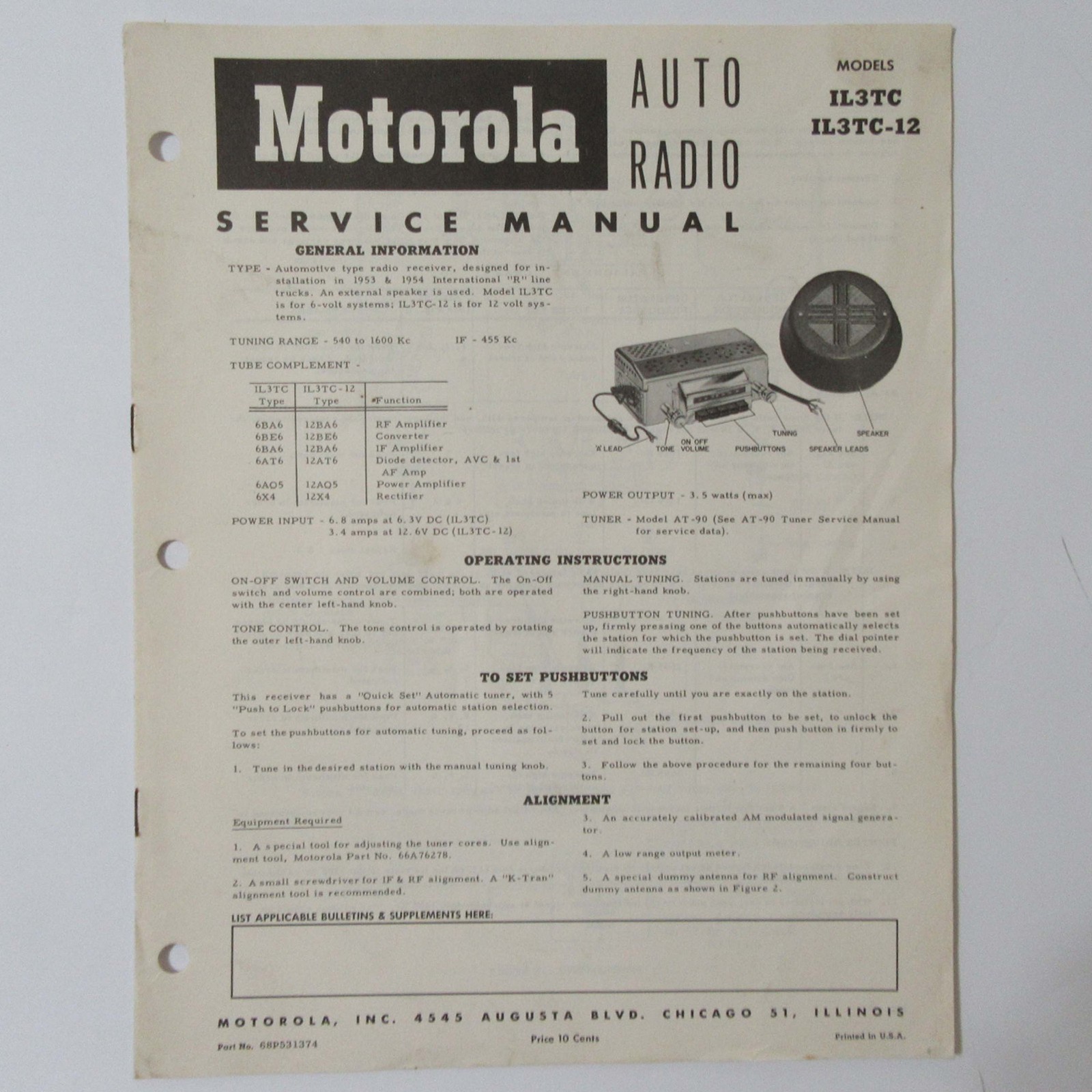 Motorola ® Models IL3TC IL3TC-12 International Truck Radio Service Manual © 1954