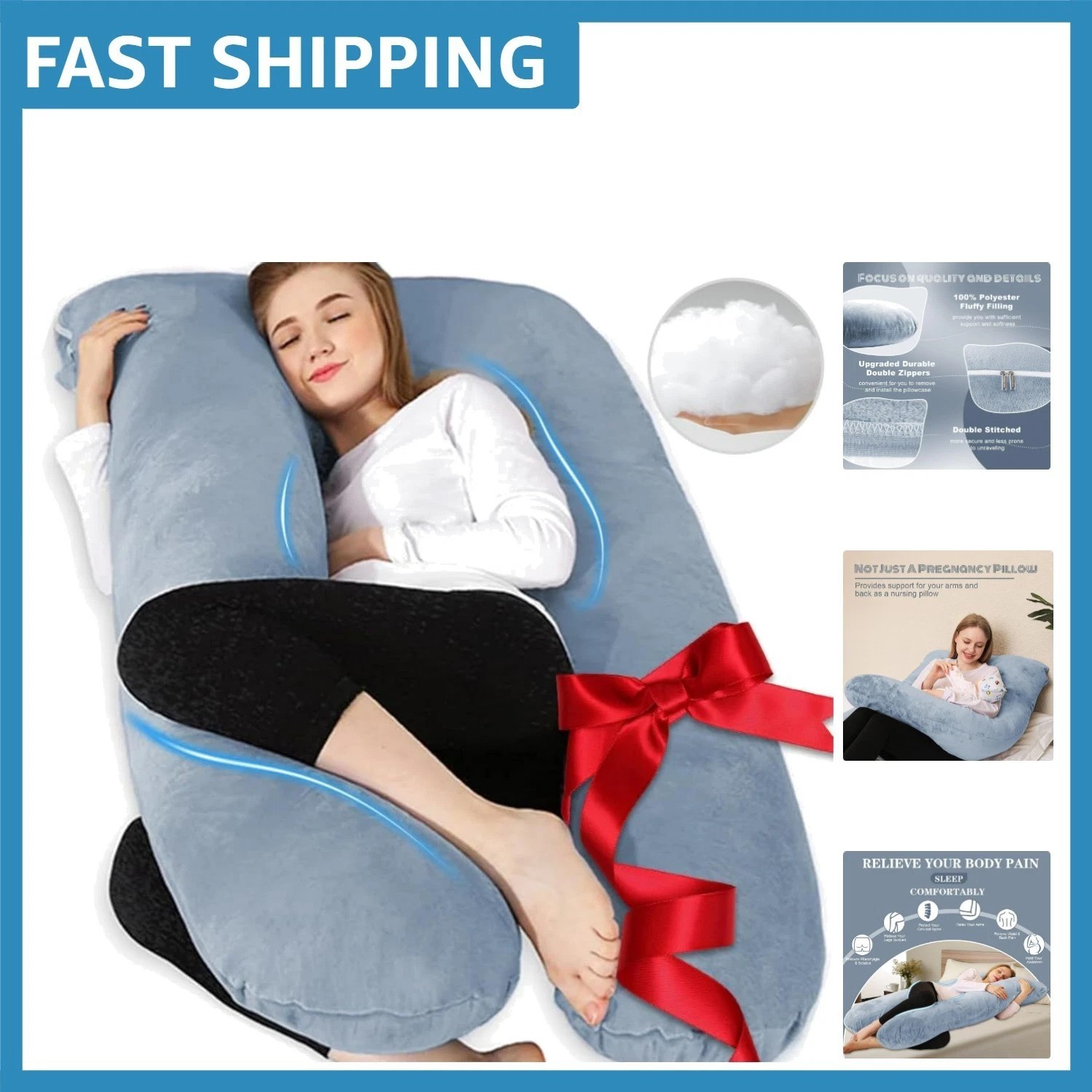 55-Inch Grey U-Shaped Pregnancy Support Pillow - Removable Velvet Washable Cover