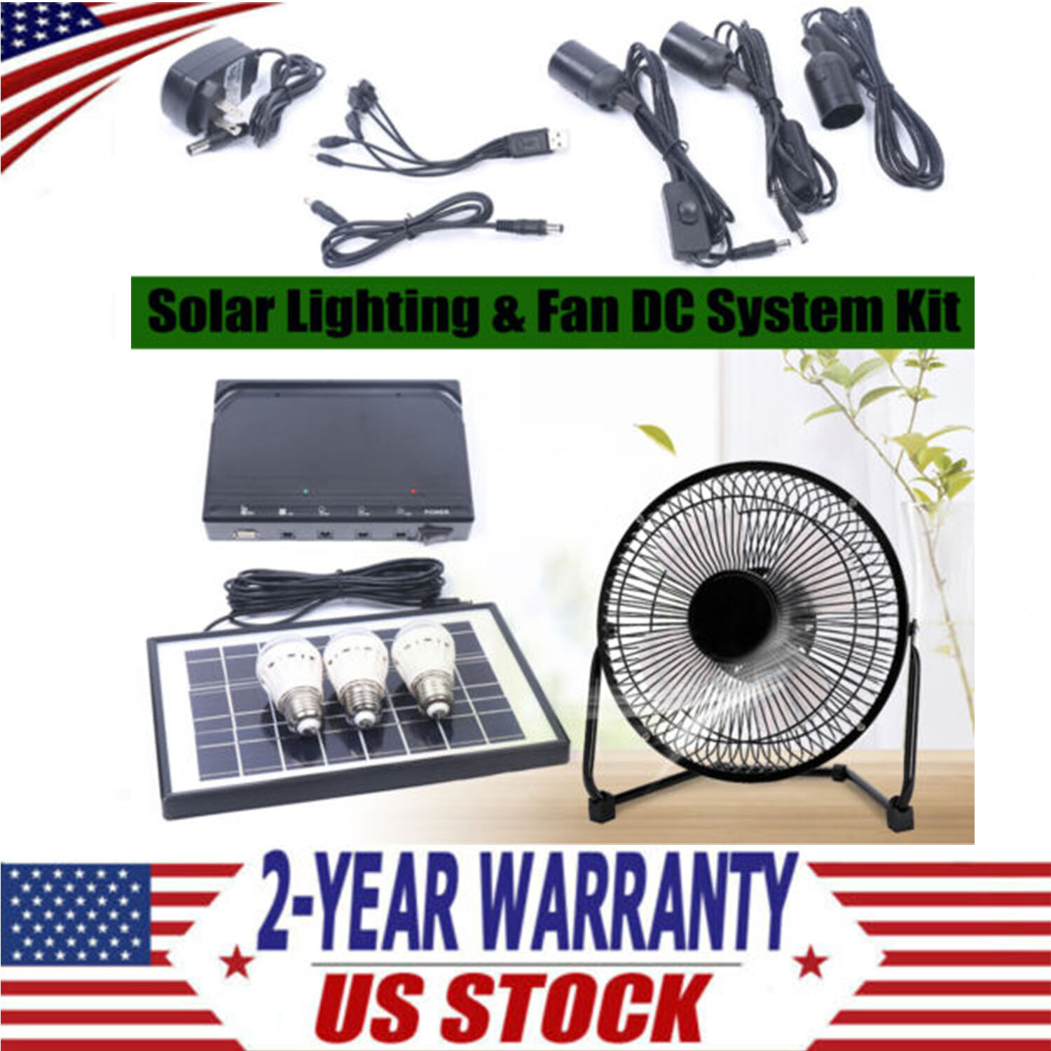 Solar Power Energy Lighting System Kit Set W/ 3 LED Lights, 1*Fan, 1 Solar Panel