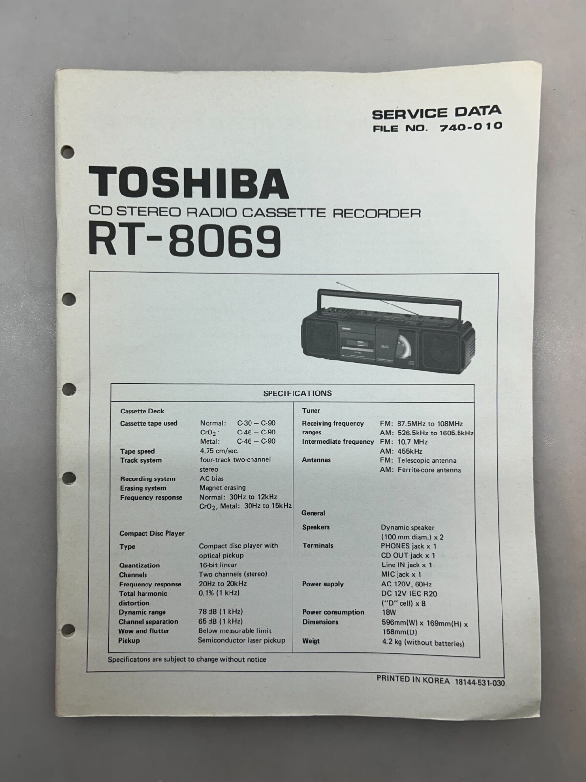 Toshiba RT-8069 Original Service Manual Free Shipping