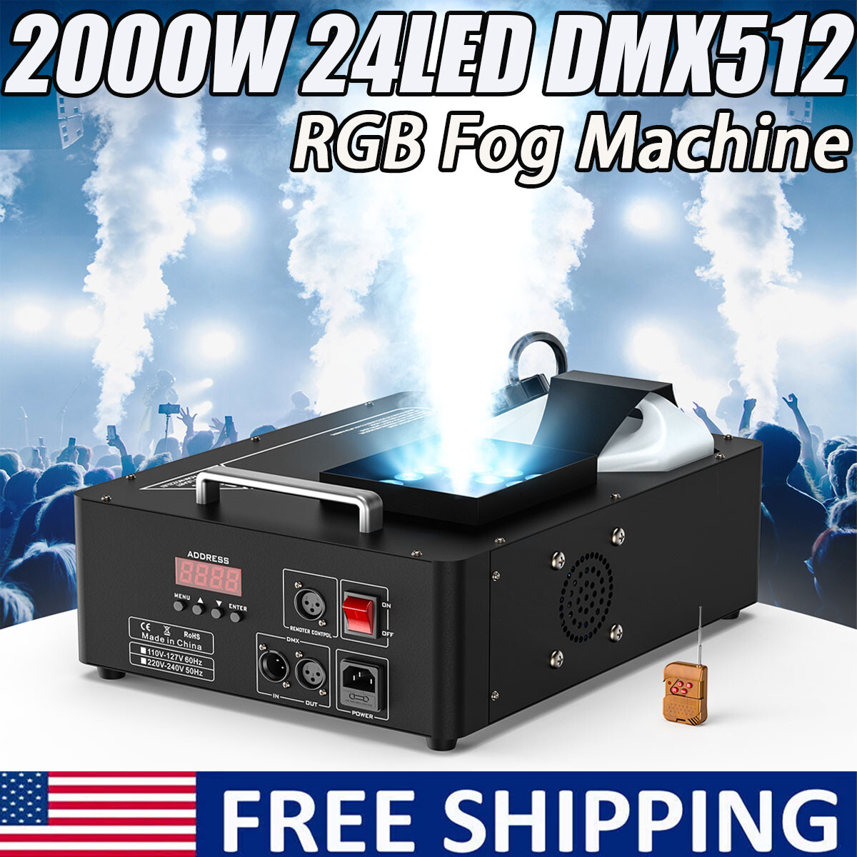 Smoke Fog Machine DMX DJ Party Vertical Spray Fog Stage Light RGB 24LED Hallowen