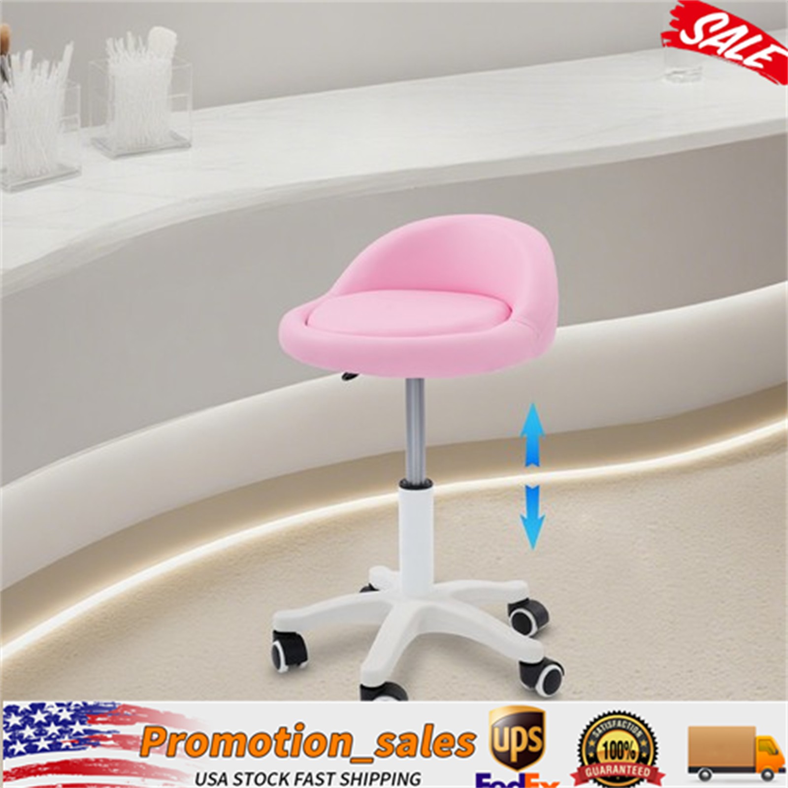 Height Adjustable Beauty Salon Chair, Pink Rolling Stool For Makeup Hair Salons