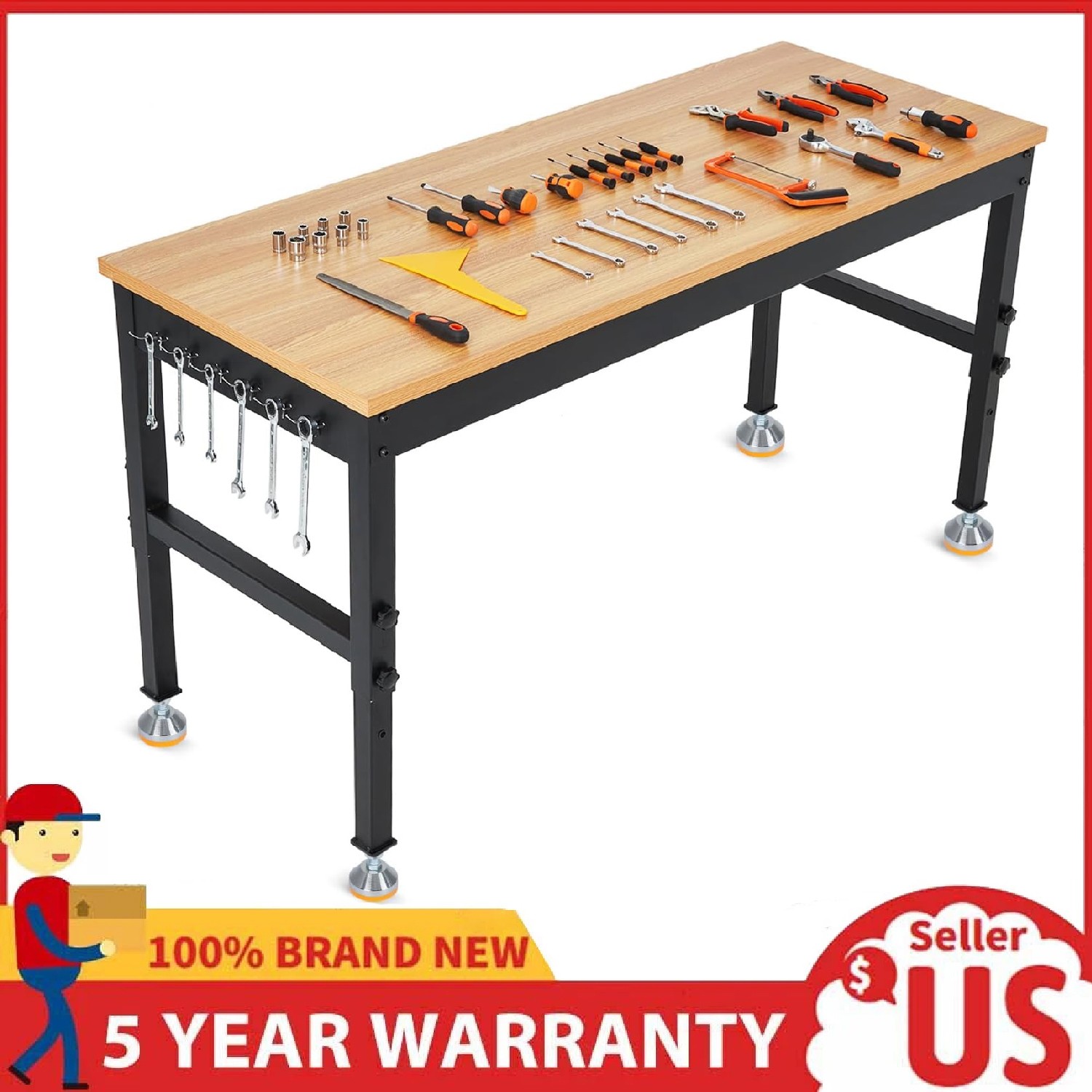 72" Workbench Adjustable Height Work Table Garage ,2500LBS Load Rubber Wood Top