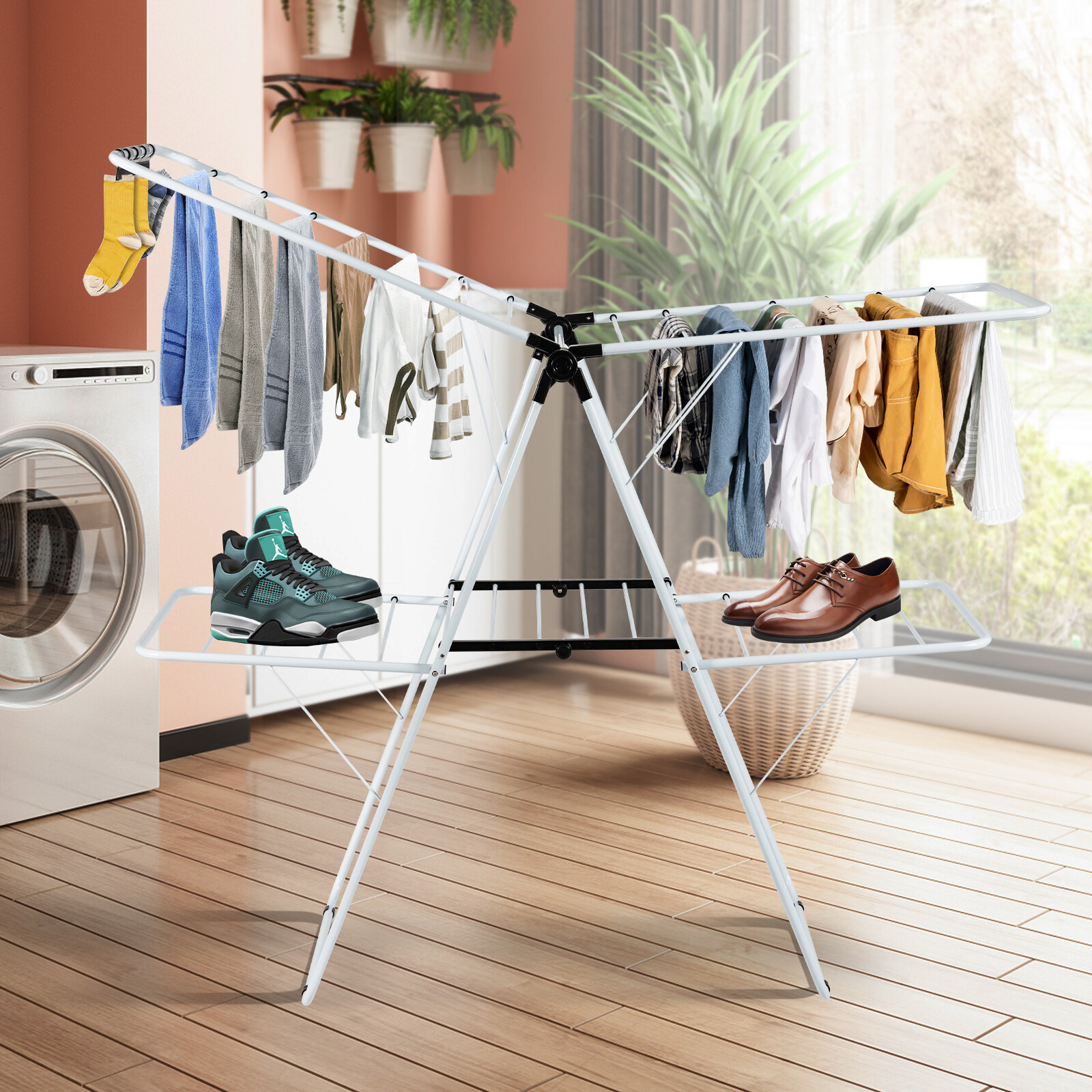 2-Tier Foldable Clothes Drying Rack 2-Level Garment Hanger w/Adjustable Gullwing