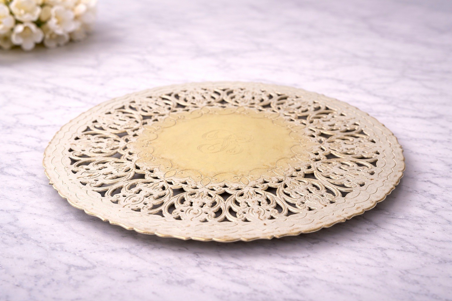 William Adams WA Italy 1960s Silverplate Pierced Reticulated Brass Trivet 7.5”