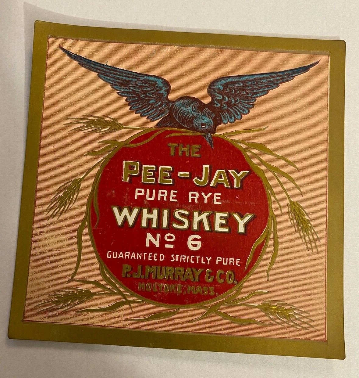 Vintage Pee-Jay Pure Rye Whiskey Label PJ Murray & Co Holyoke, Massachusetts