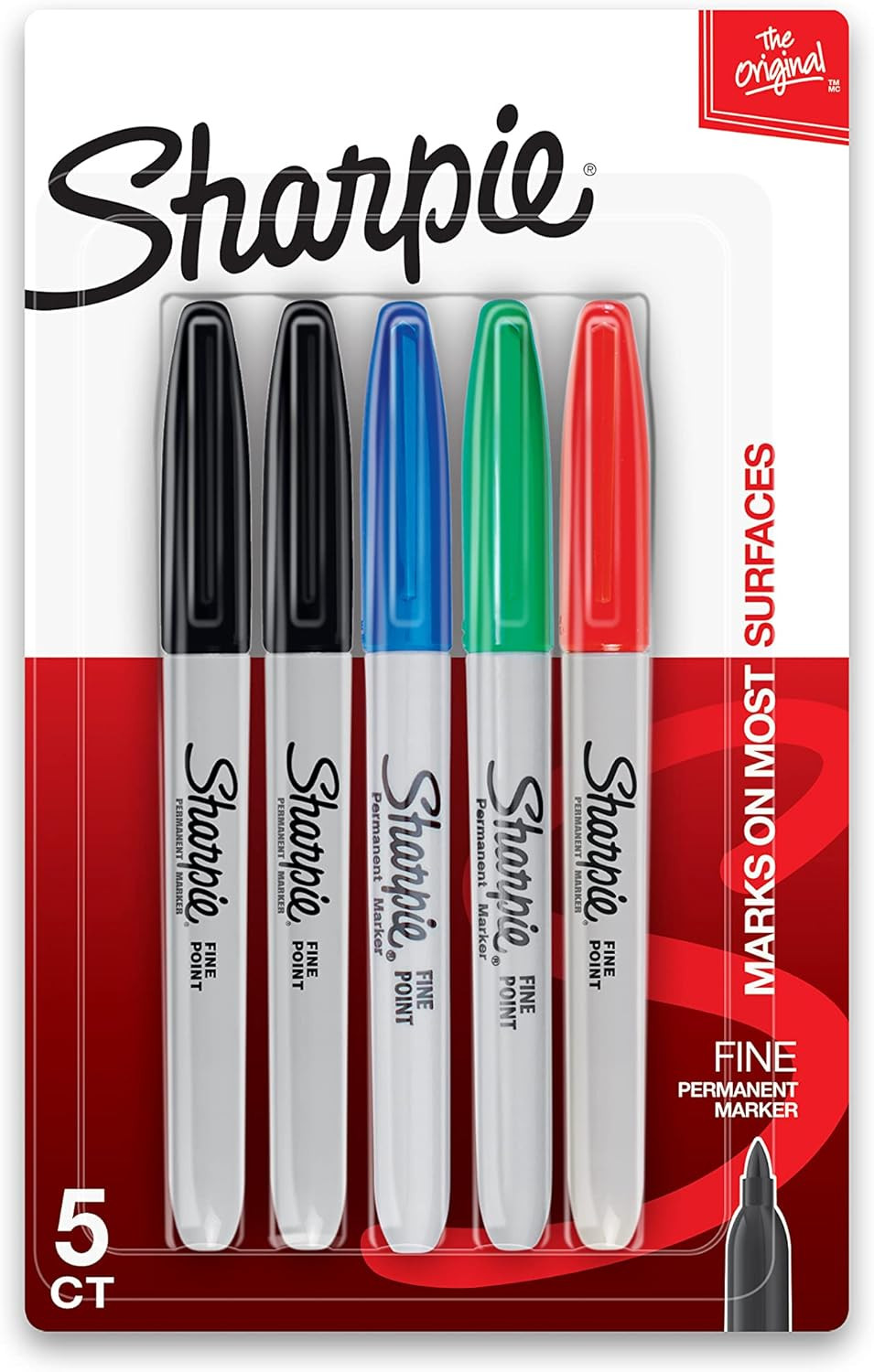 Permanent Markers, Fine Point, Assorted Colors, 5 Count