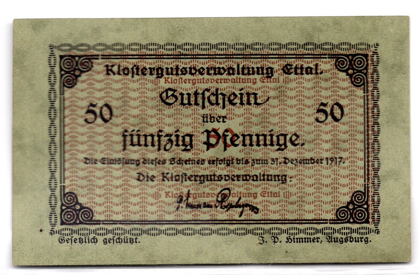 1917 Germany Ettal Notgeld 50 Pfennig Note (412)