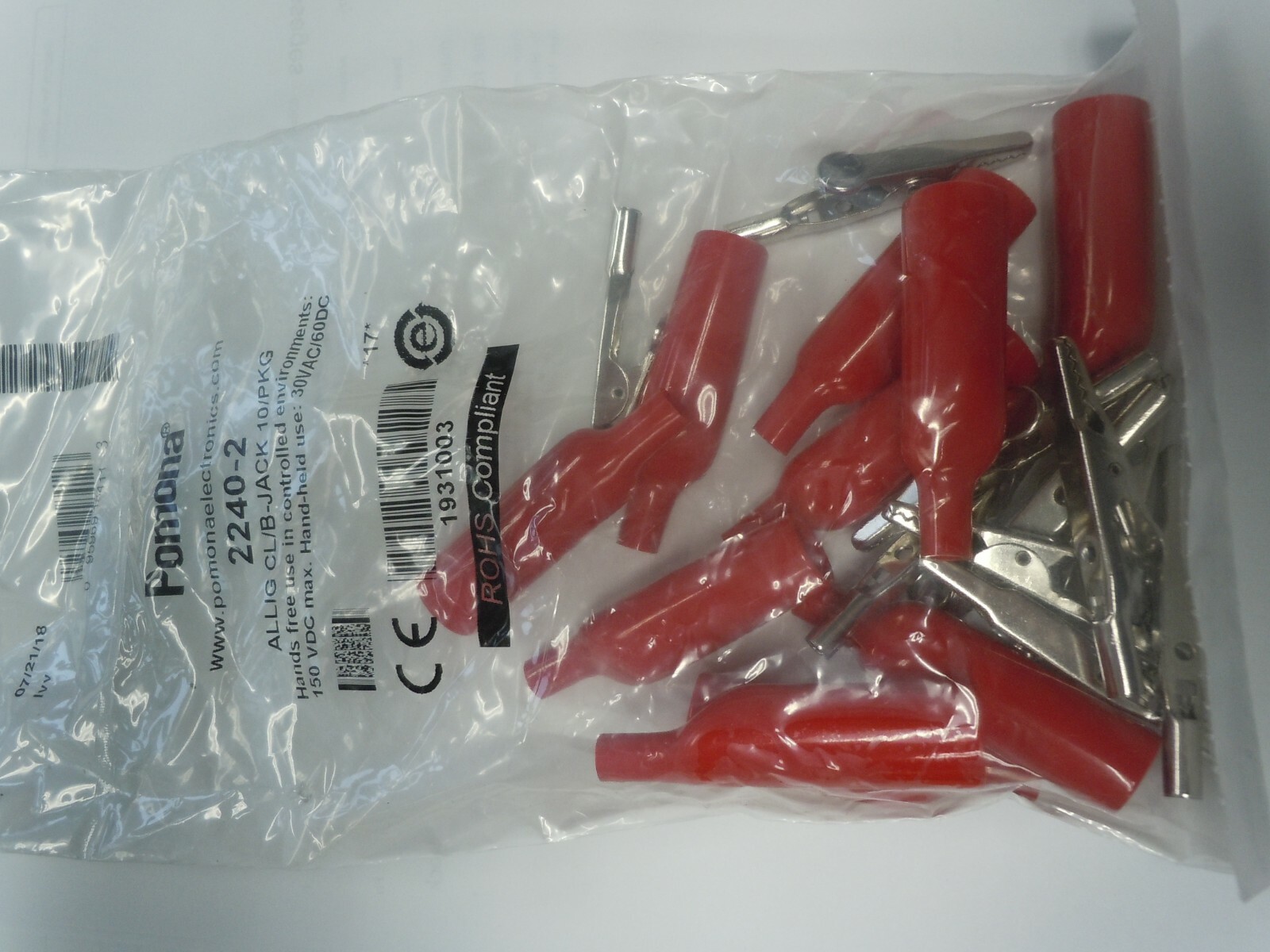 bag of 10, POMONA 2240-2 Red Alligator Test Clip to Banana Jack with Insulator