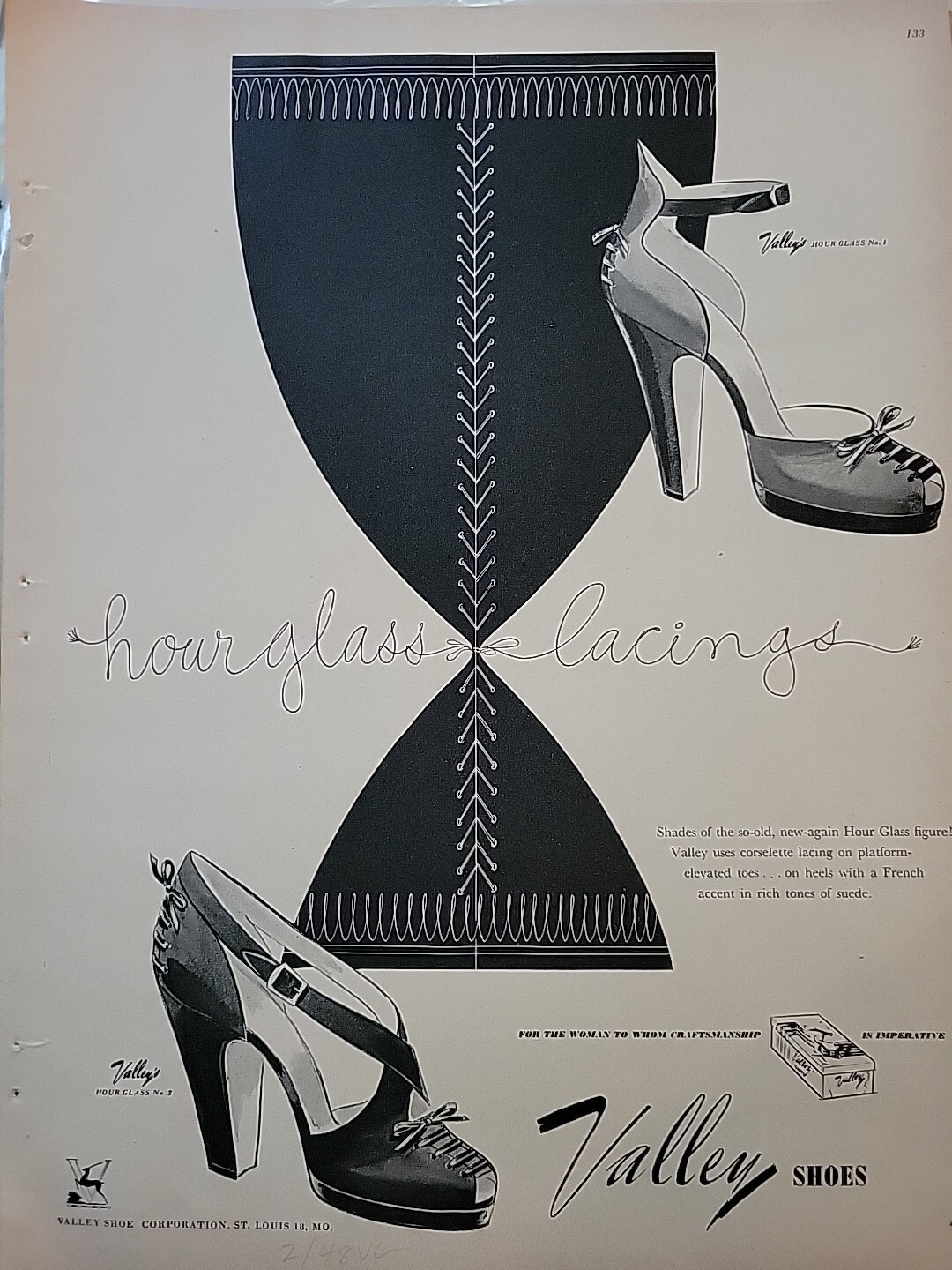 1948 Womens Valley Shoes Hourglass Lacings Vintage Graphic Art ad