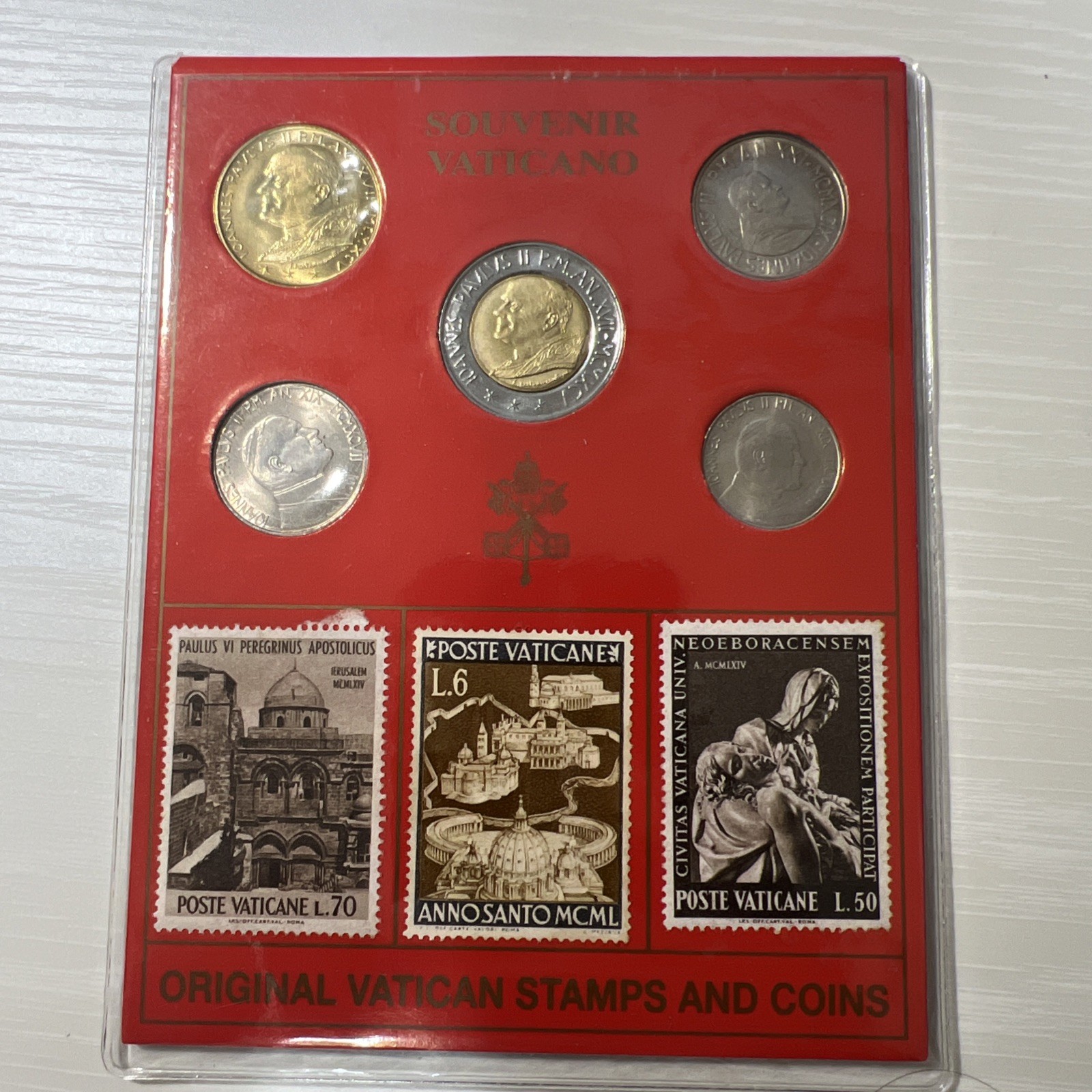 VATICAN SOUVENIR Coin & Stamp Set Original Lira Coins Rare Postal Stamps Vat#6
