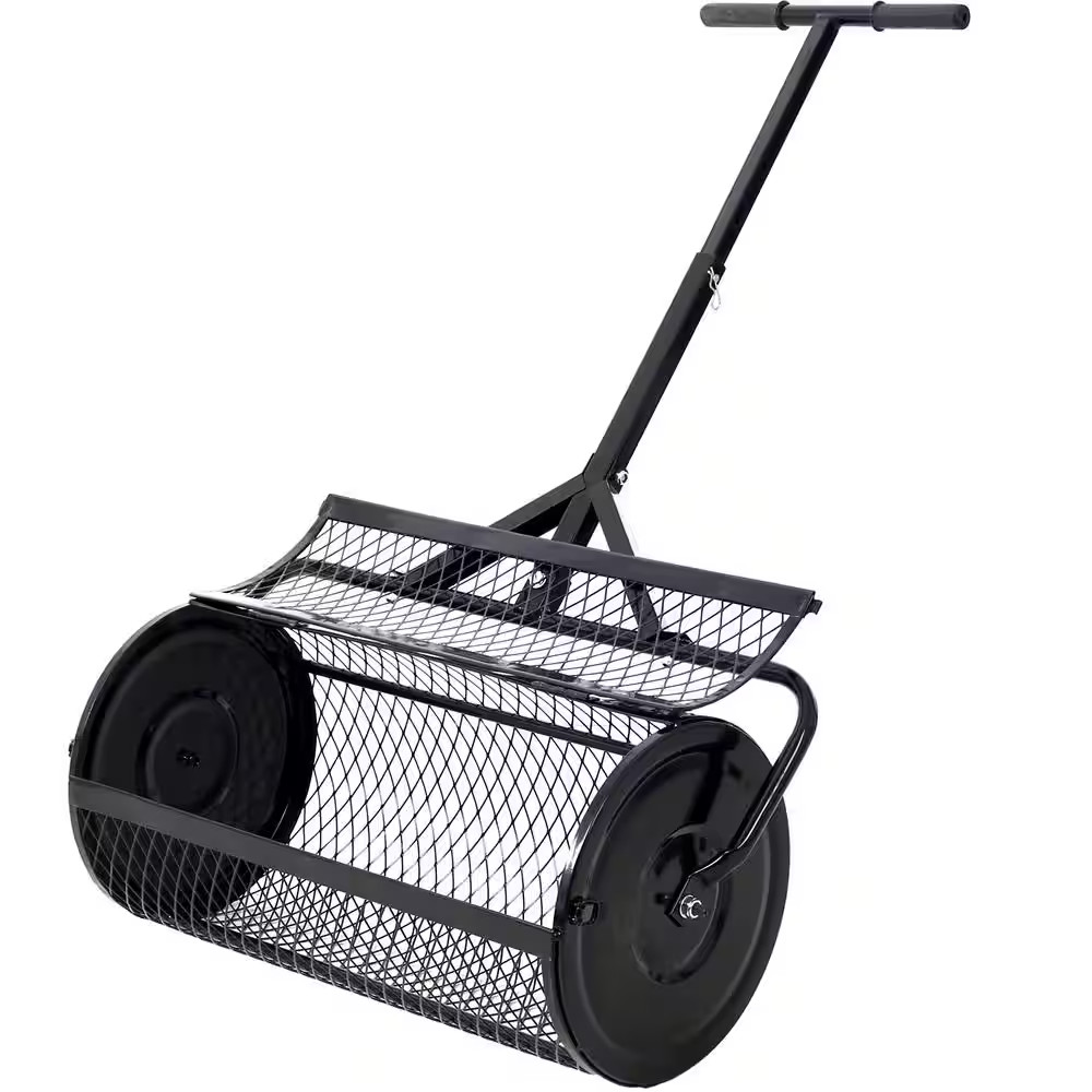 60 Lbs. 24 Inch Metal Mesh Peat Moss Handheld Spreader with T Shaped Handle, Bla