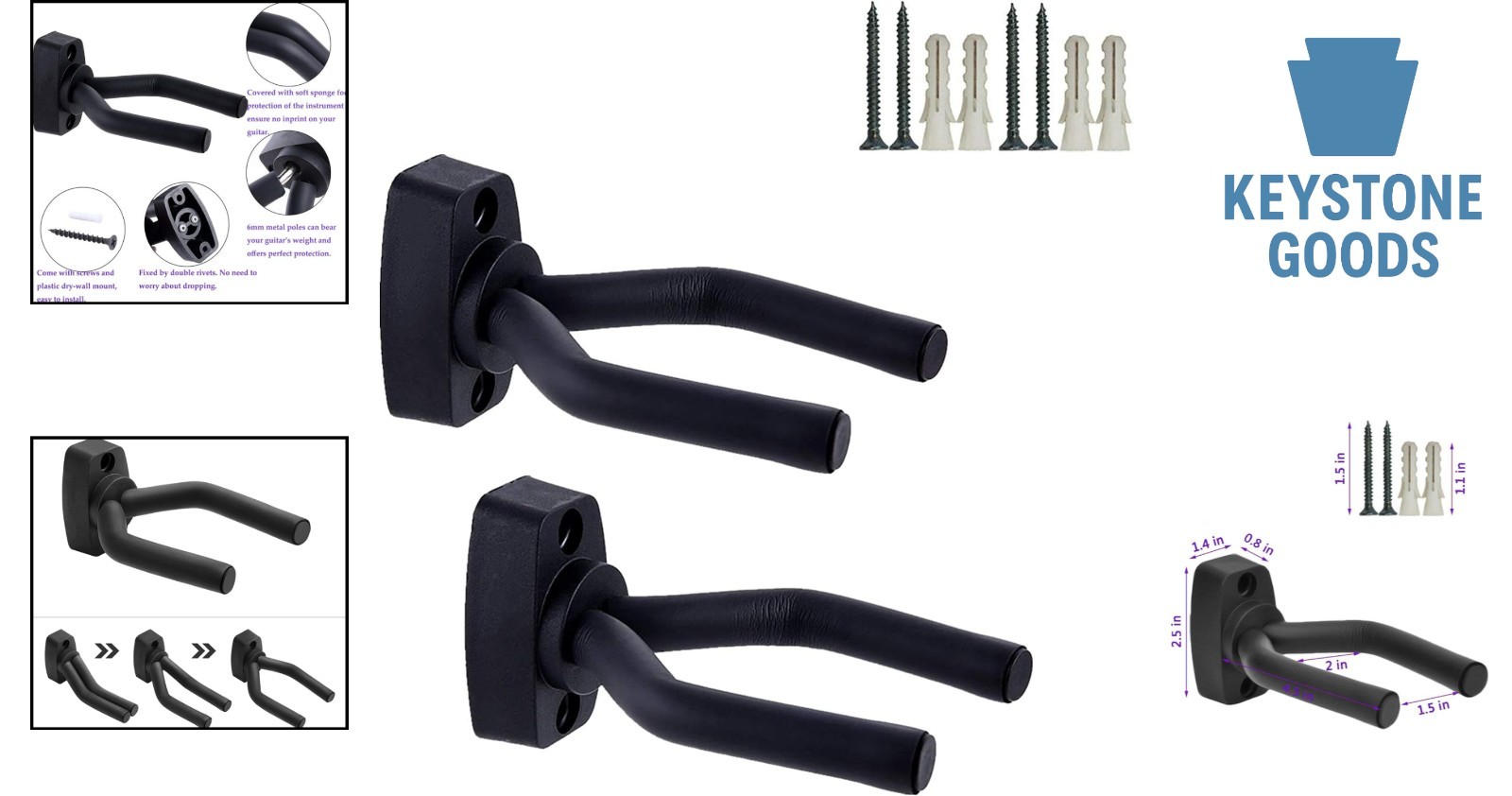 2-Pack Guitar Wall Mount Hangers - Adjustable, Non-Marring Wall Hooks for Gui...