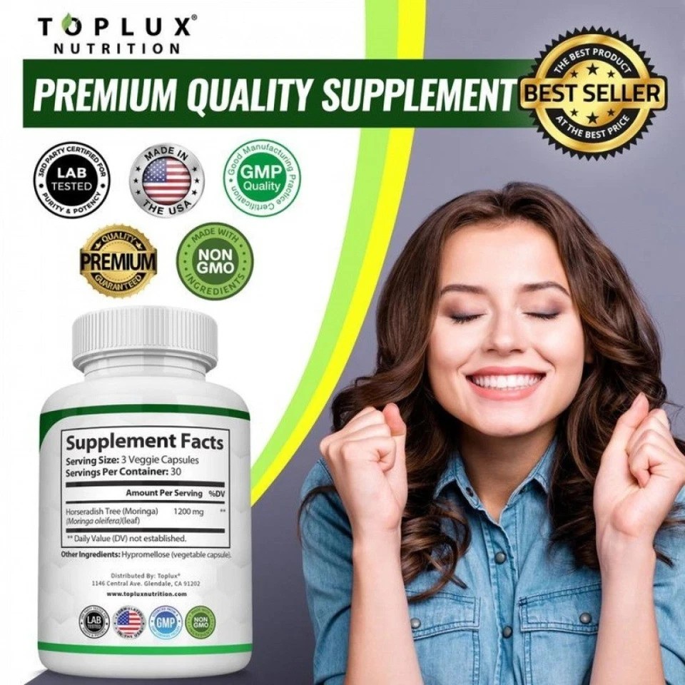 TOPLUX Moringa Capsules 1200mg Pure Moringa Powder Immune Gut health 90 Capsules