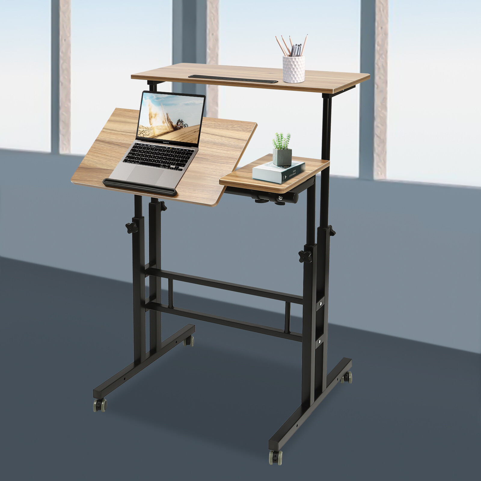 Height Adjustable Home Office Desk With Standing & Seating 2 Modes Mobile Desk.