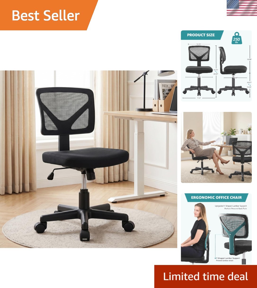 Ergonomic Armless Office Chair with Adjustable Height & Washable Cushion, Black