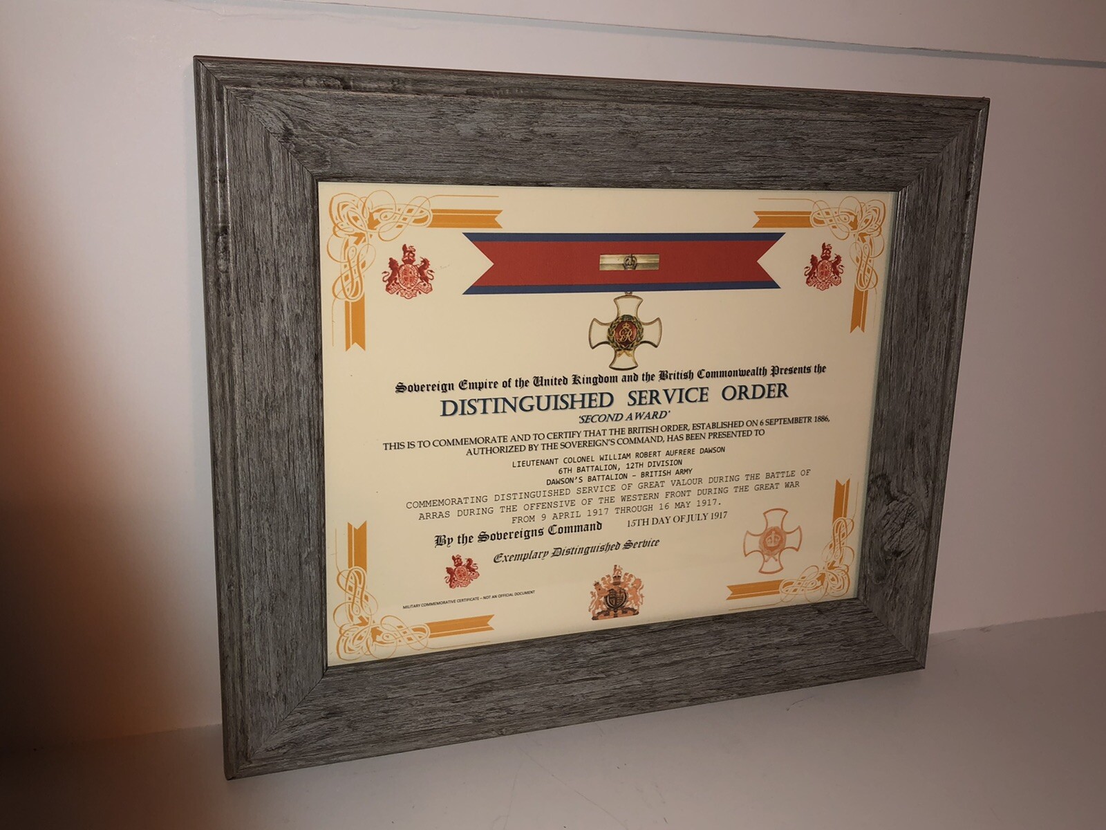 DISTINGUISHED SERVICE ORDER 2ND AWARD [UK] COMMEMORATIVE CERTIFICATE ~ Type 1
