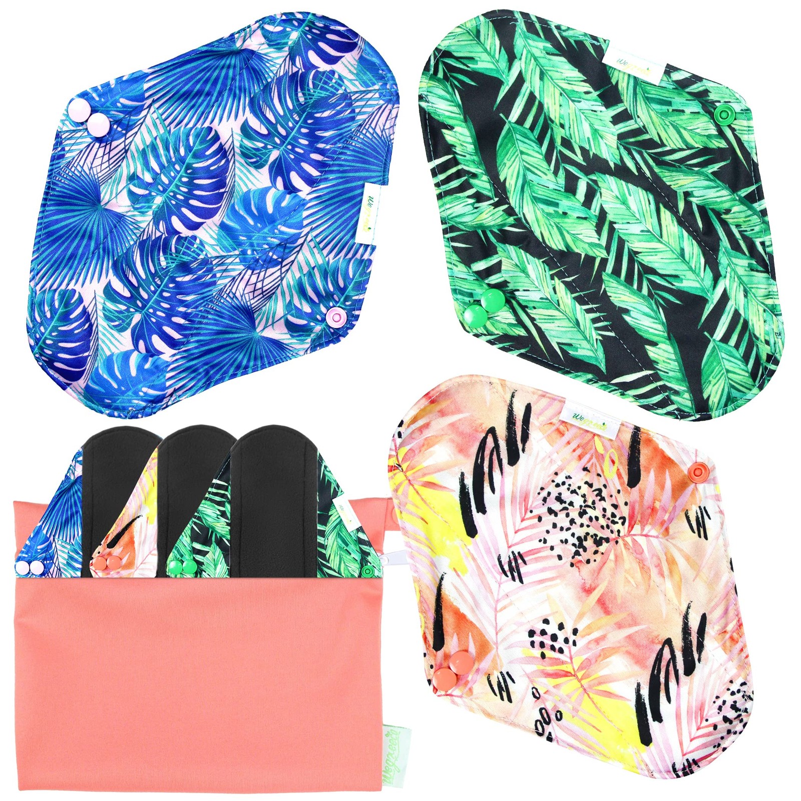 Reusable Menstrual Pads Sanitary Panty Liners Soft Cloth 6 Pack Bag Large Leaf