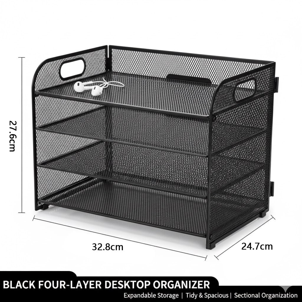 4 Tier Metal File Organizer for Desk, Black Stackable Paper Letter Tray with ...