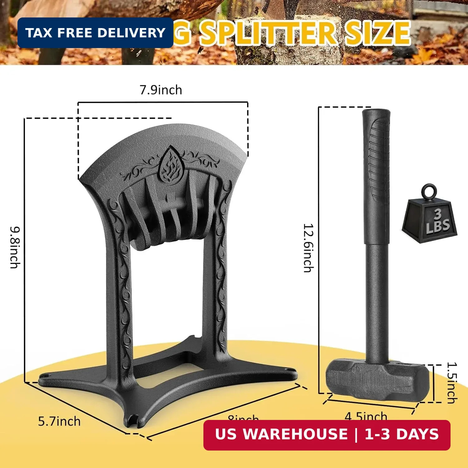 Cast Iron Kindling Splitter with 3Lbs Sledge Hammer,Medium-Sized | One-piece mol