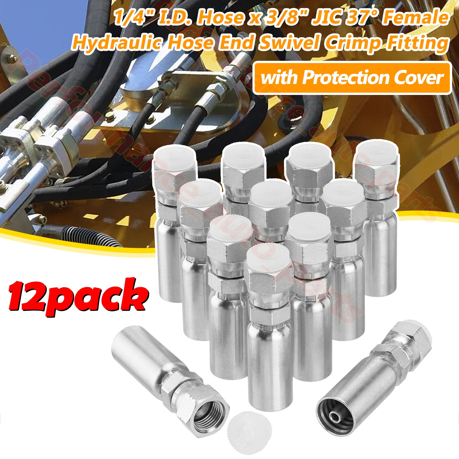 12PCS 1/4" Hydraulic Hose Fitting: 1/4" I.D. Hose x 3/8" JIC 37° Female w/ Cover