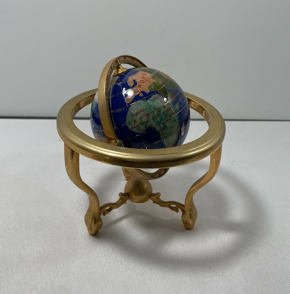 VINTAGE LAPIS LAZULI SEMI-PRECIOUS GEMSTONE WORLD GLOBE ON TRIPOD WITH COMPAS 5"
