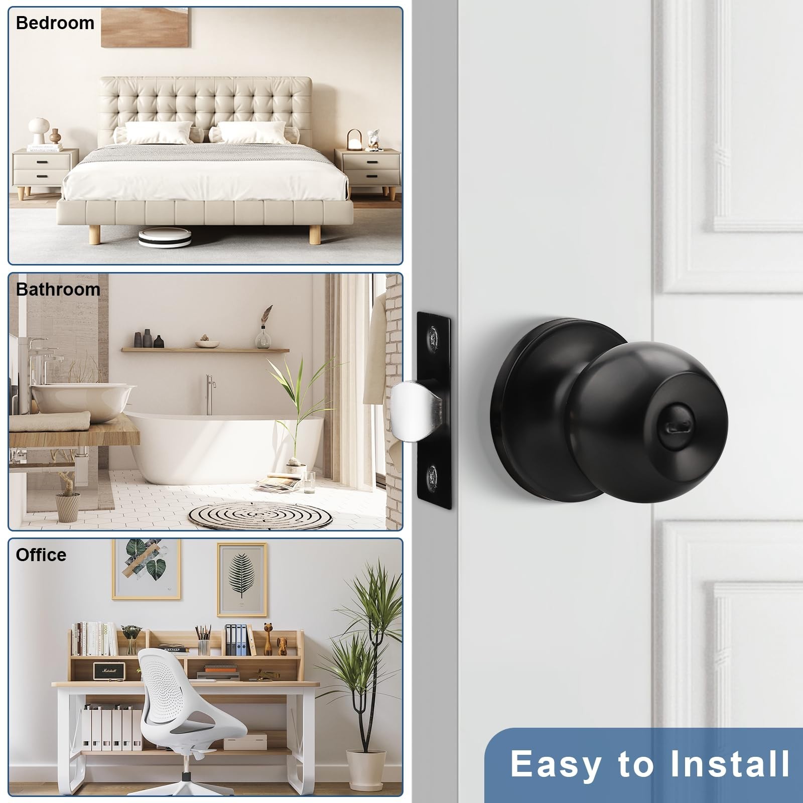 Knobonly 6 Pack Privacy Door Knobs Matte Black, Keyless Door Knobs Interior f...