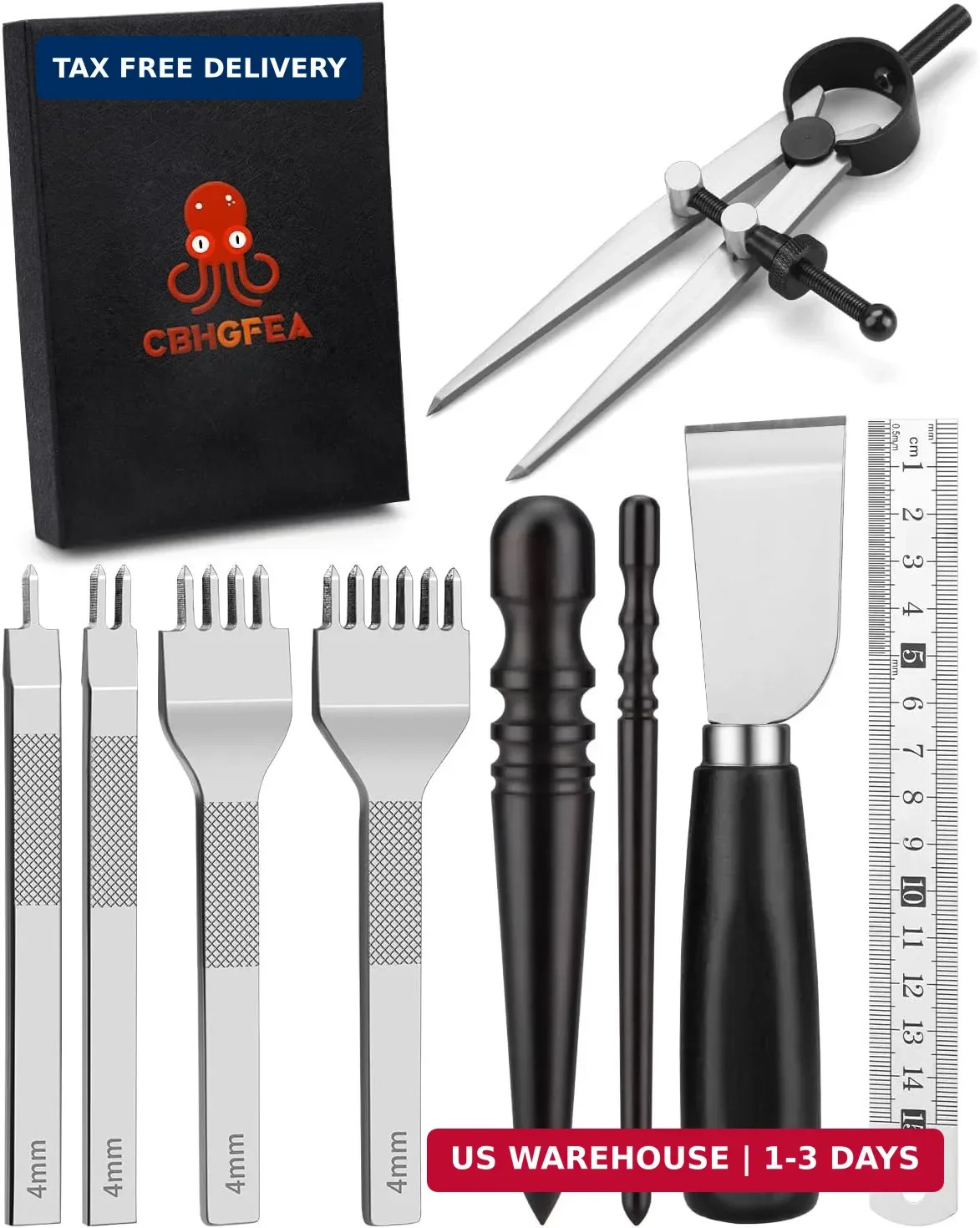 Leather Working Tools Kit Includes Cutting Knife, Edge Burnisher, 1/2/4/6 Stitch