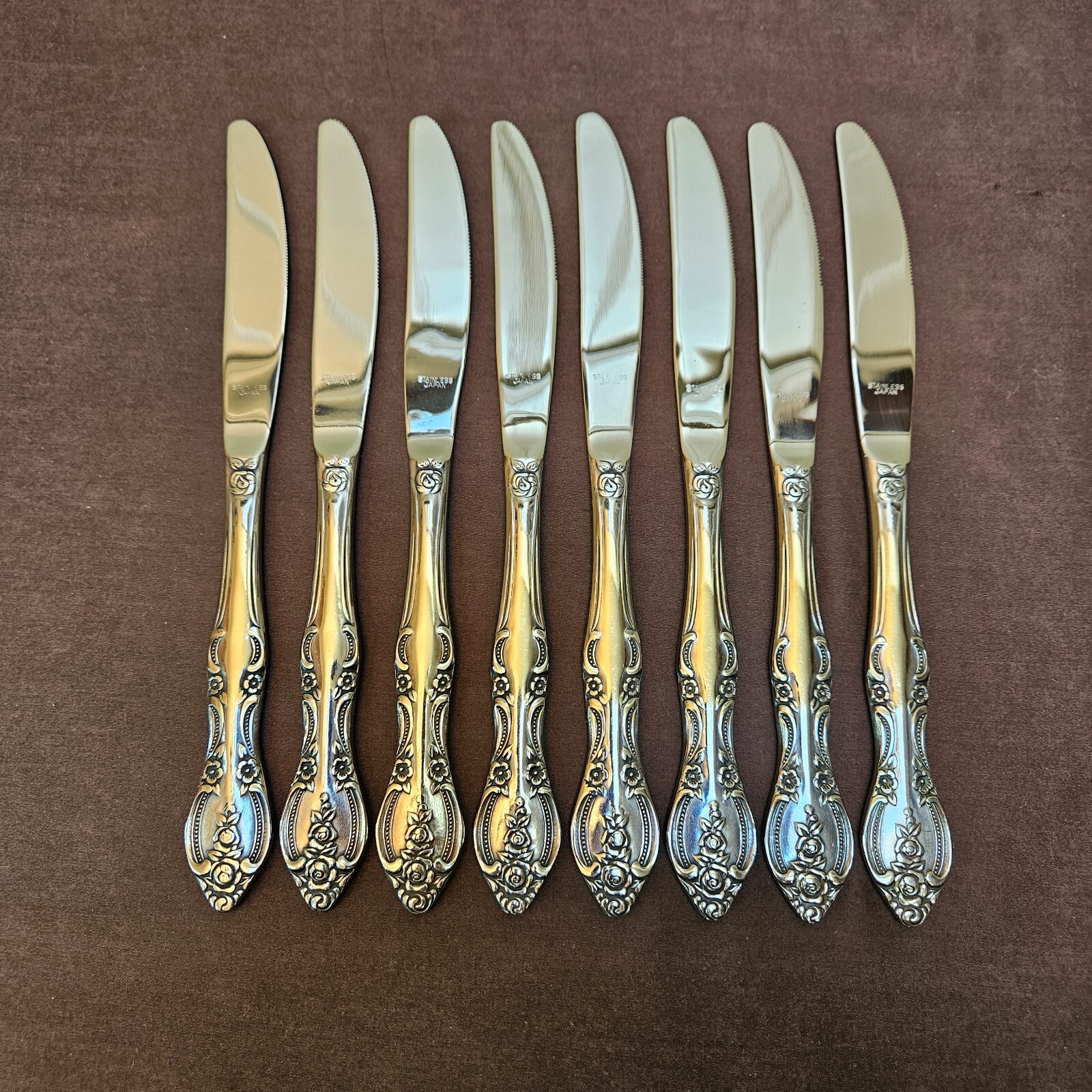 Marseilles Stainless Flatware Japan; Floral Rose Pattern Dinner Knife 8 Knives