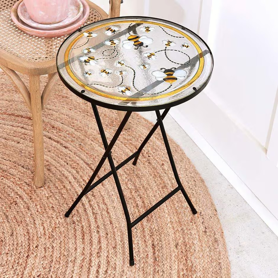 Bumble Bee Glass Top Accent Side Table Patio Porch Deck Indoor Outdoor Furniture