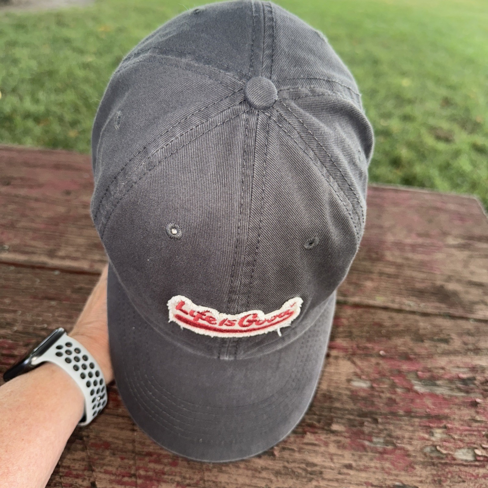 Life is Good Red White Distressed Patch on Gray Hat Cap Cotton Strap Buckle EUC