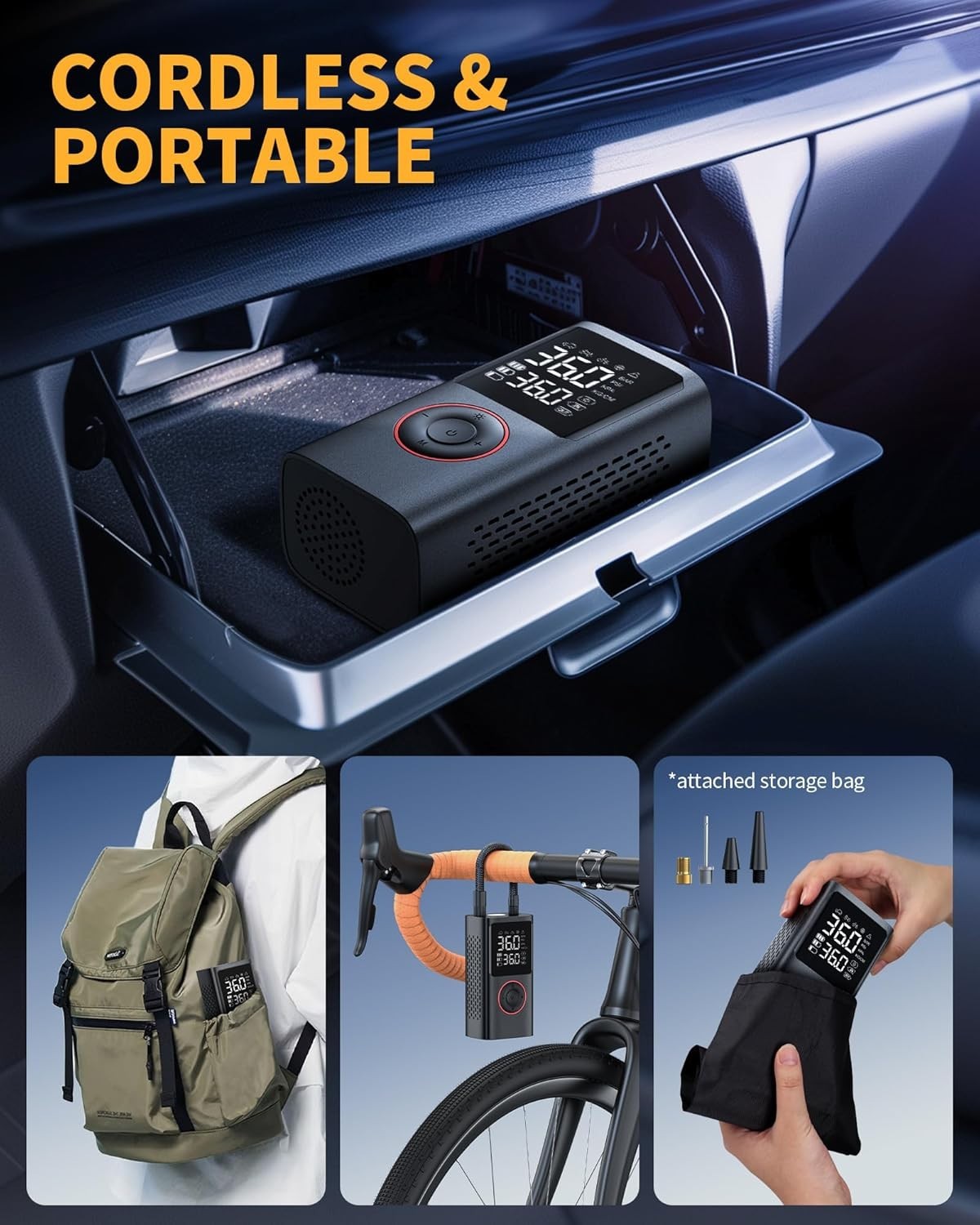 Portable Tire Inflator Air Compressor 150 PSI Cordless Car Bike Pump LED Digital
