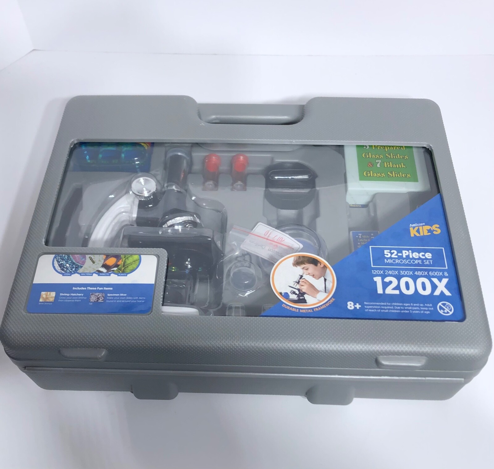 AmScope 52pc 120X-1200X Kids Starter Compound Microscope Portable Science Kit