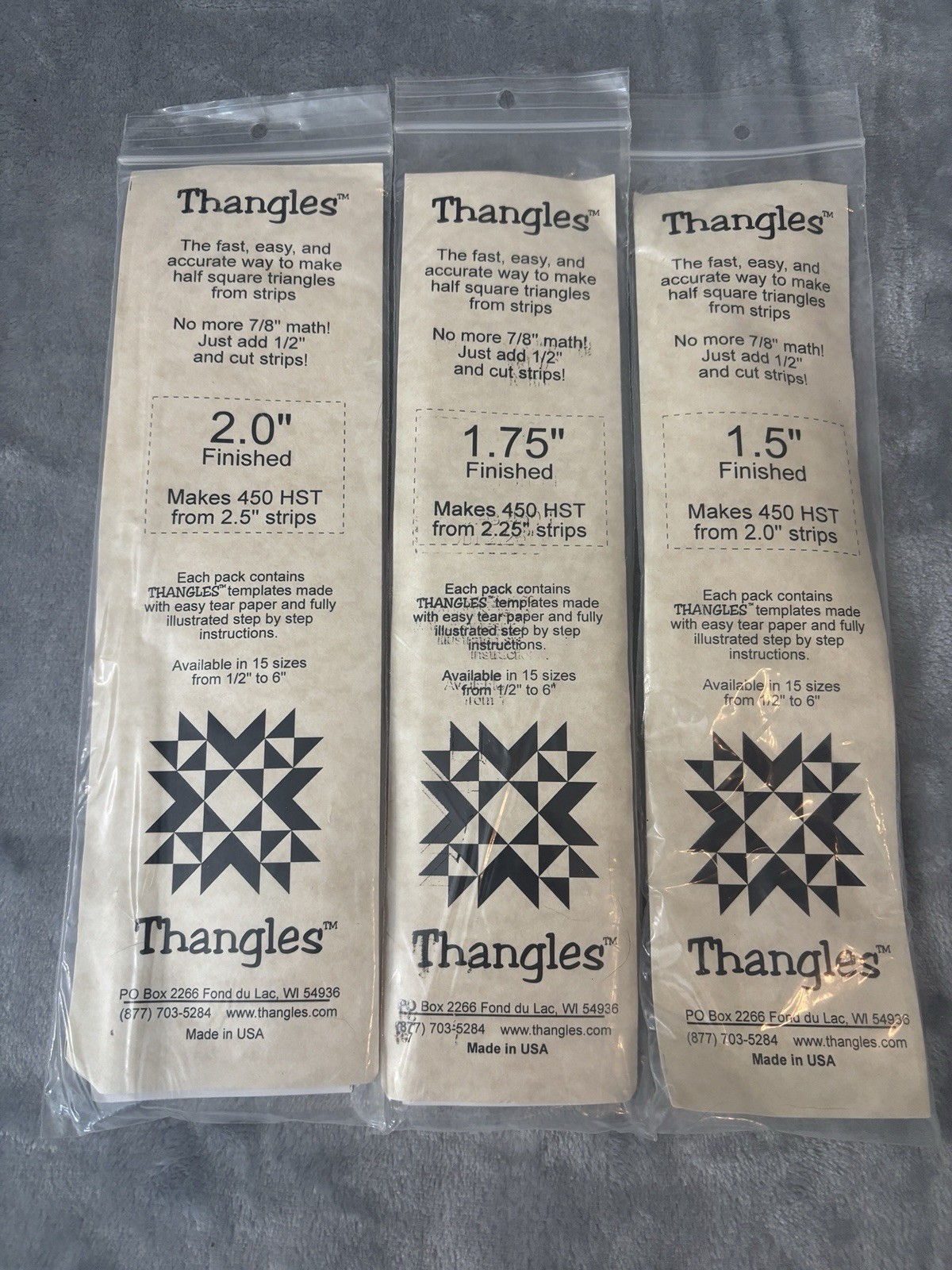 Thangles Quilting Half Square Triangle Templates 2.0", 1.75" & 1/5" Finished New