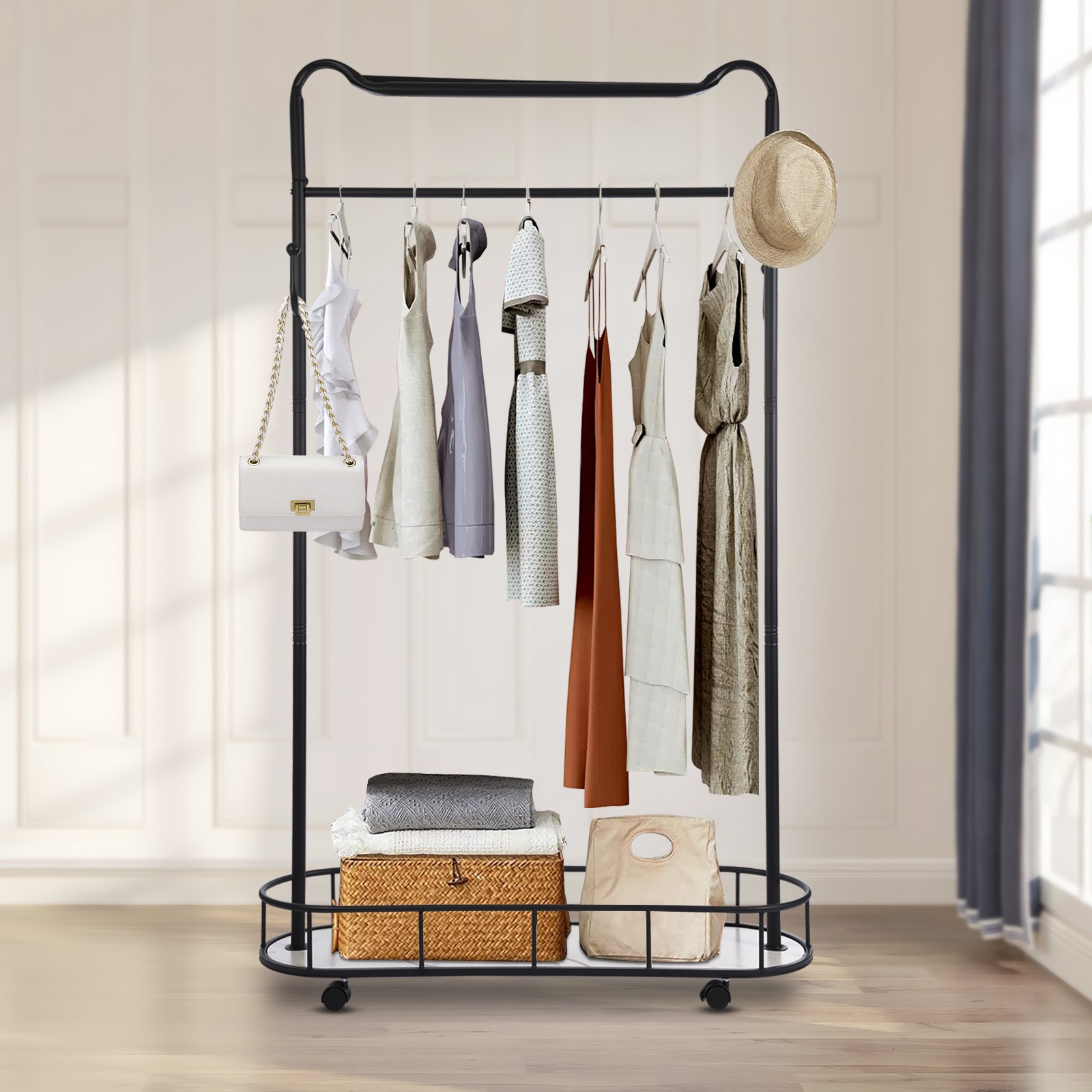 Clothes Rack, Movable Coat Rack, Coat Rack with Storage Basket