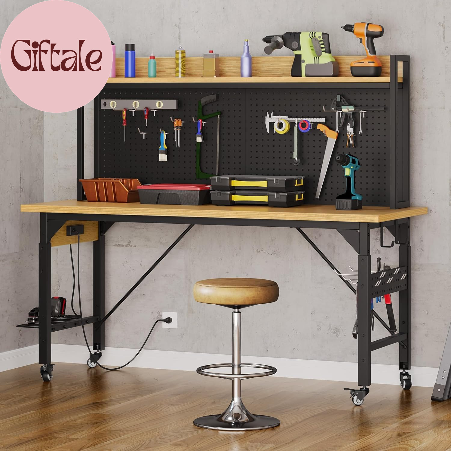 Adjustable Workbench with Pegboard 48", Heavy Duty Wood Top Work Bench with Whee