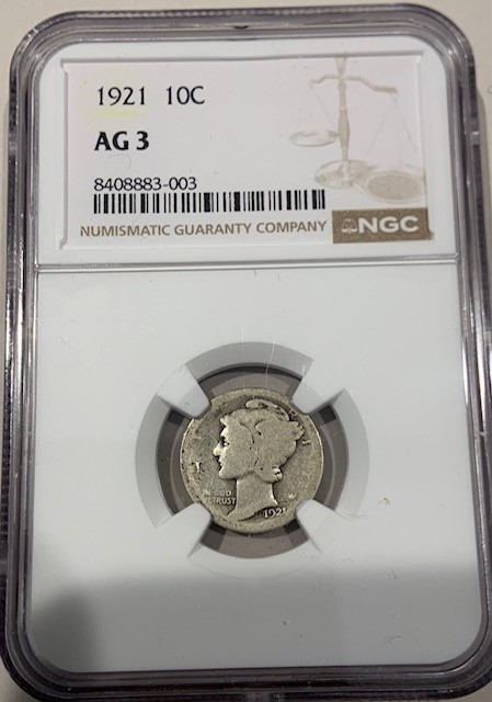1921 Silver Mercury Dime 10C - NGC AG3 - Scarce Coin!