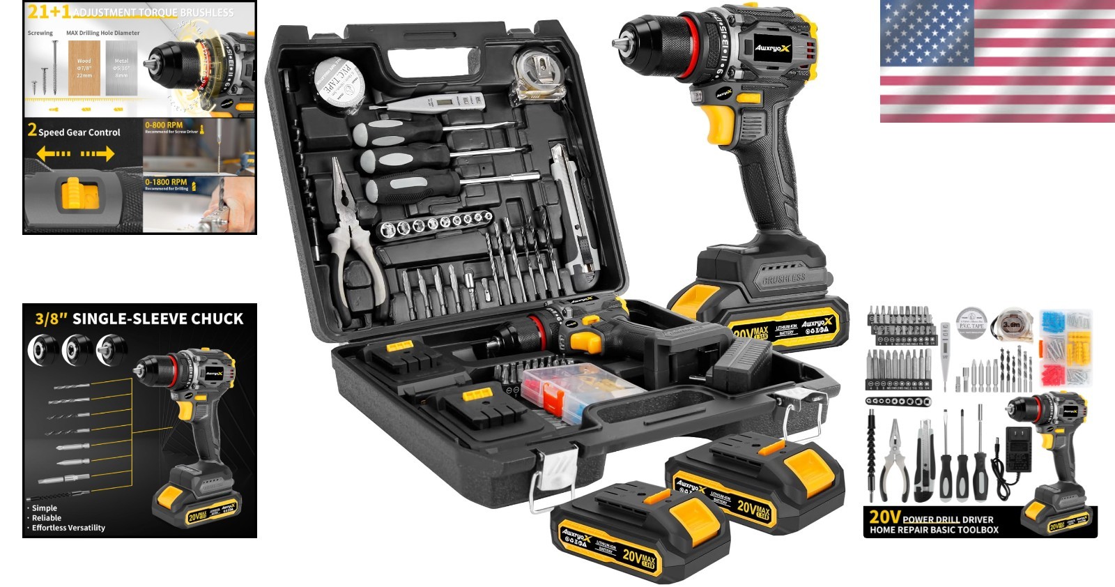 Complete 135 pcs Brushless Drill Tool Set - 20V, 2 Lithium Batteries Included